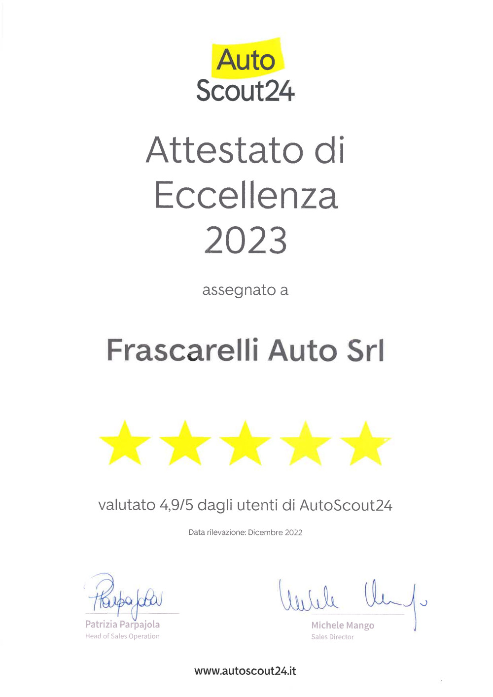 Certificato Autoscout24 2023